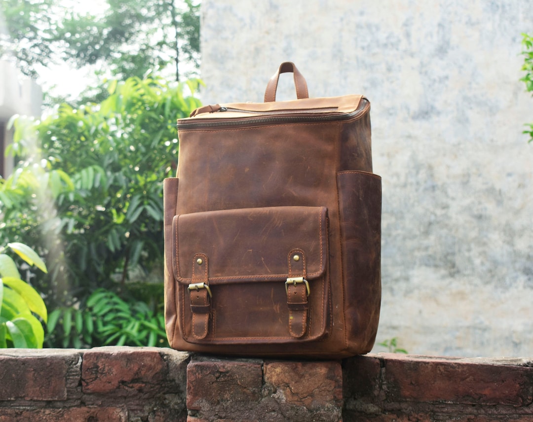 Personalized Brown Leather Backpack: Vintage Style Rucksack, Laptop Bag ...