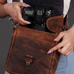 Brown Leather Camera Case Full grain cowhide Leather camera bag DSLR Camera bag, Rustic Leather Travel crossbody bag Father's Day Special image 6