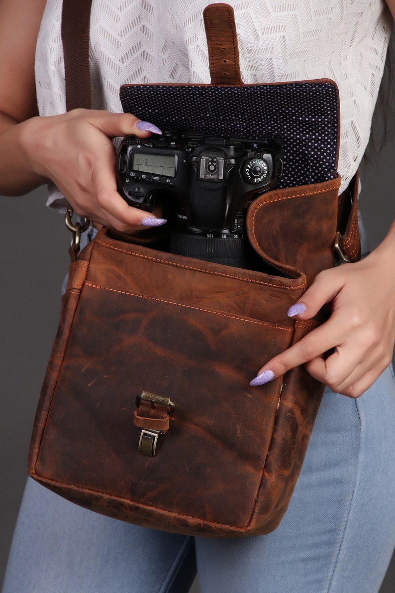 Brown Leather Camera Case Full grain cowhide Leather camera bag DSLR Camera bag, Rustic Leather Travel crossbody bag Father's Day Special image 6