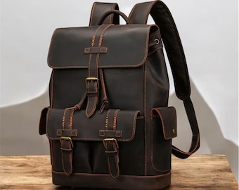 Handmade Cognac Leather Backpack: 14-inch Laptop Rucksack, Valentine's Day Gift
