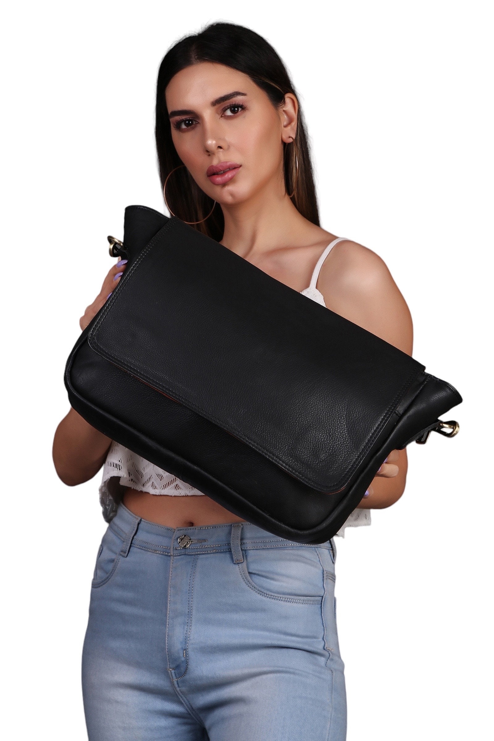 Black Leather Messenger Bag Black Cowhide Leather Laptop Bag Etsy