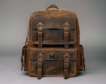 Handmade Crazy Horse Leather Backpack: Vintage Brown Travel Rucksack, Rustic Brown Cowhide Leather Backpack Laptop Backpack Birthday Gift