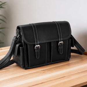 Handmade Black Leather Camera Bag for DSLR | Vintage Camera Case | Leather Crossbody Camera Bag | Photographer Gift Idea, Graduation Gift