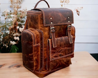 Personalized Brown Leather Laptop Backpack: Handmade Full-Grain Rucksack, Valentine's Day Gift