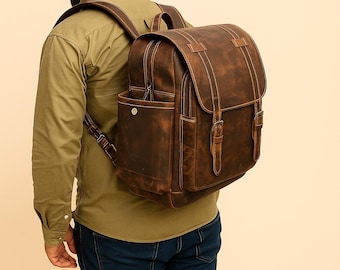 Handgefertigter Rucksack aus Vollnarbenleder: Personalisierte Reise-Laptoptasche, 15-Zoll-Laptop-Rucksack, Hipster-Rucksack, Wanderrucksack, Geschenk zum Jahrestag