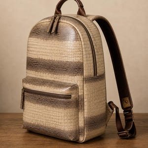 Puede incluir: Una mochila con un patrón texturizado y en relieve en franjas horizontales alternas de color crema y marrón oscuro. La bolsa incluye un asa superior, correas ajustables de color marrón oscuro y un bolsillo frontal con cremallera oscura.