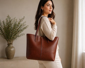 May include: A brown leather tote bag with long handles. The bag has a rectangular shape and a simple design. The bag is carried by a person. The background includes a vase with greenery and a window.