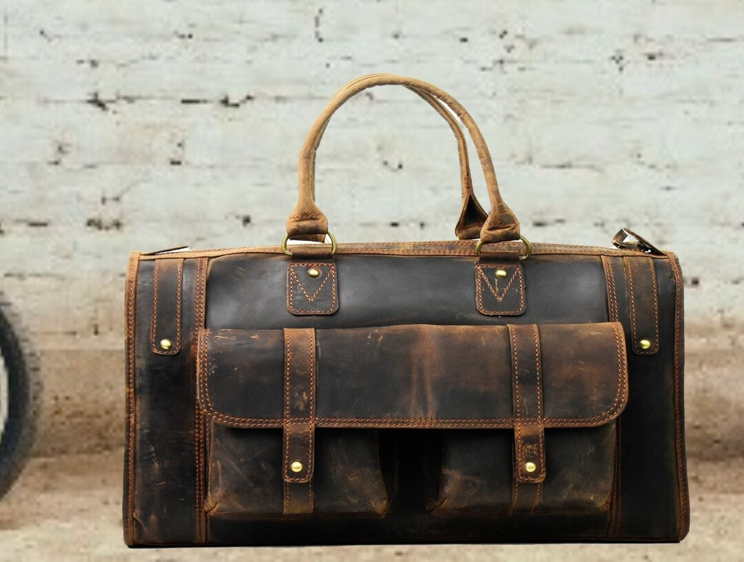 Handmade Leather Duffel Bag Leather Weekender Bag Monogram Etsy