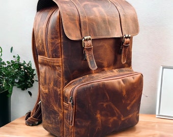 Rustic brown cowhide leather Backpack for men Leather Rucksack Hiking Backpack brown Backpack Travel Backpack Handmade Mother's Day Special
