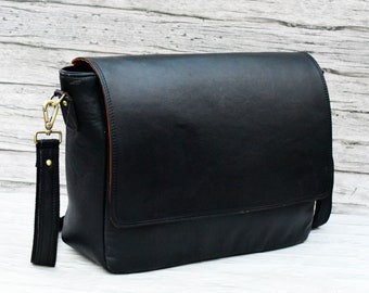 Bolso mensajero de cuero negro bolso portátil de cuero de cuero negro maletín personalizado viaje crossbody mensajero de los hombres especial del día de la madre