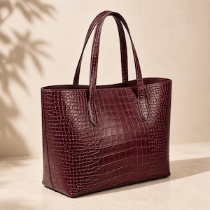 May include: A deep burgundy tote bag featuring a textured crocodile-embossed pattern across the entire exterior. The bag has two matching vertical handles attached to the top edge and a structured rectangular base with clean, straight side seams.