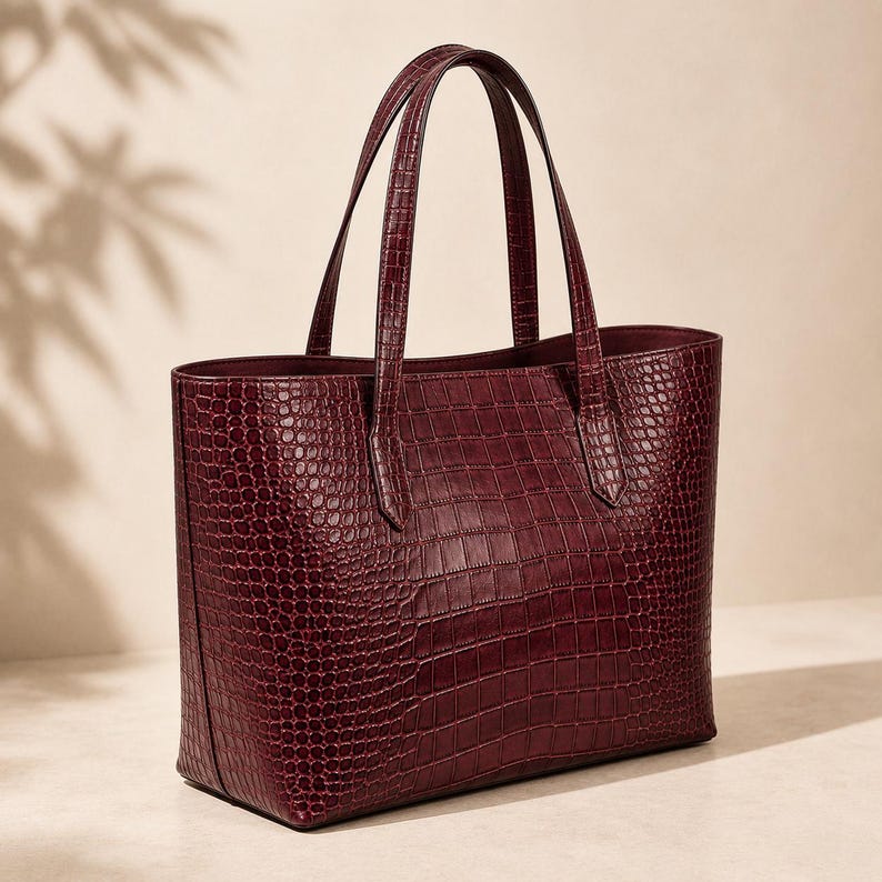 May include: A deep burgundy tote bag featuring a textured crocodile-embossed pattern across the entire exterior. The bag has two matching vertical handles attached to the top edge and a structured rectangular base with clean, straight side seams.