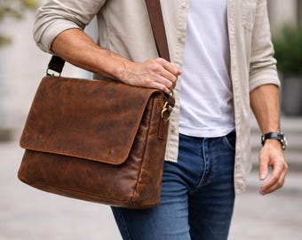 Personalized Leather Messenger Bag: Handmade Full Grain Laptop Briefcase, Black Leather Messenger bag Crossbody bag Shoulder bag Gift