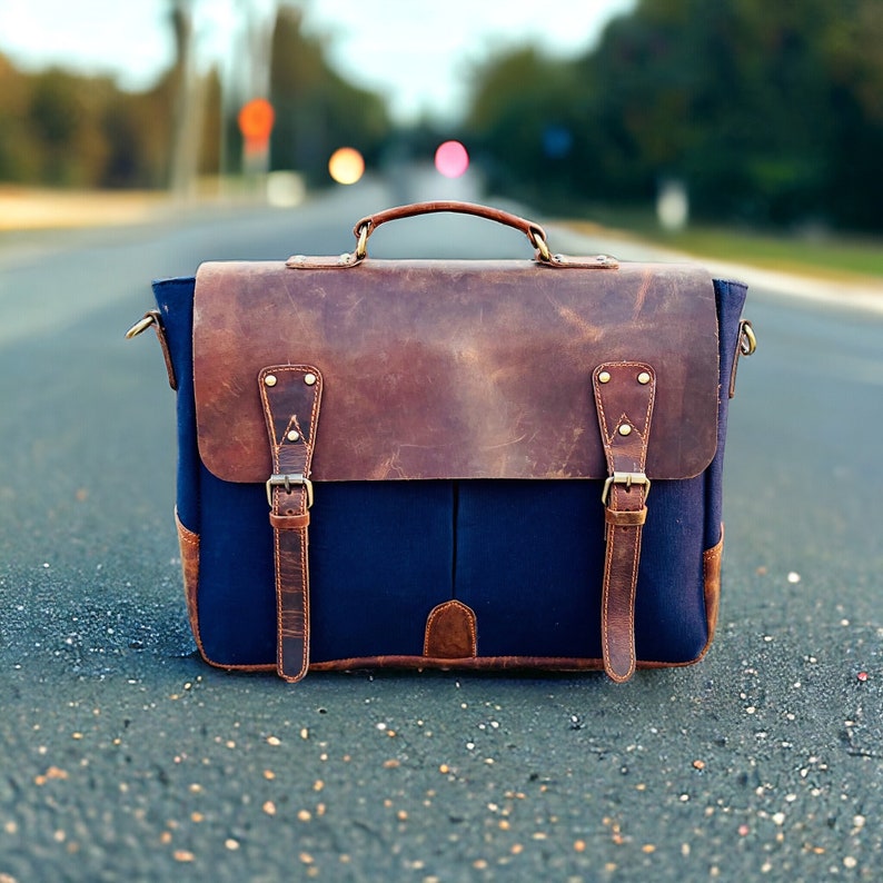 Navy Blue Canvas Messenger Bag Personalised Leather Laptop Bag Vintage ...