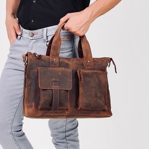 Monogrammed Leather Laptop Bag Full Grain cowhide Leather Messenger Bag for Men and women Leather work Brown Satchel Birthday gift