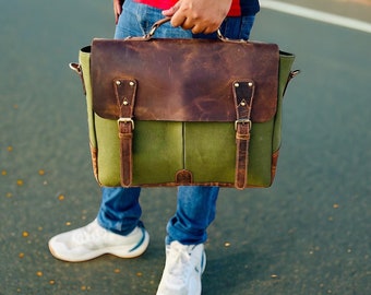 Rustic Brown Leather Canvas Laptop Bag for Men and Women 18 Inch Leather Laptop bag Handmade Leather Canvas Bag College bag Shoulder bag