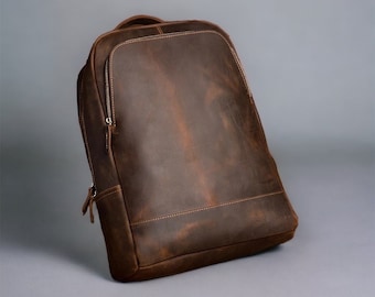 Genuine BOULDER RIDGE Tan Leather Backpack Rucksack Front  display picture 1