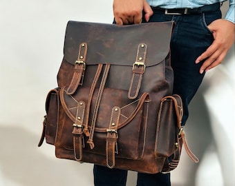 Handmade Cowhide Leather Backpack: 18-Inch Laptop Rucksack, Vintage Brown, Personalised Monogrammed Leather Laptop Backpack Hipster Bag