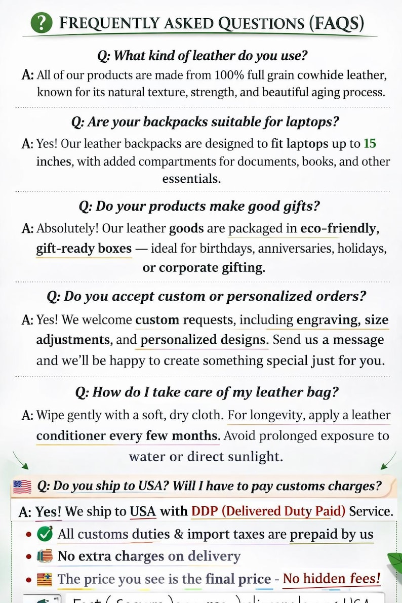 May include: A white informational graphic titled Frequently Asked Questions (FAQs) featuring black text. It details leather quality, laptop compatibility for 15-inch devices, gift packaging, custom order options, maintenance instructions, and USA shipping policies.