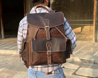 Vintage Brown Leather Backpack: Handmade Cowhide Rucksack, 16/18 Inch, Anniversary Gift