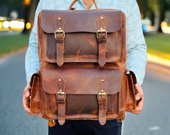 Monogram Leather Laptop Backpack: Handmade Full-Grain Leather Travel Rucksack, Personalised Cowhide Leather Rucksack Hipster Travel Bag