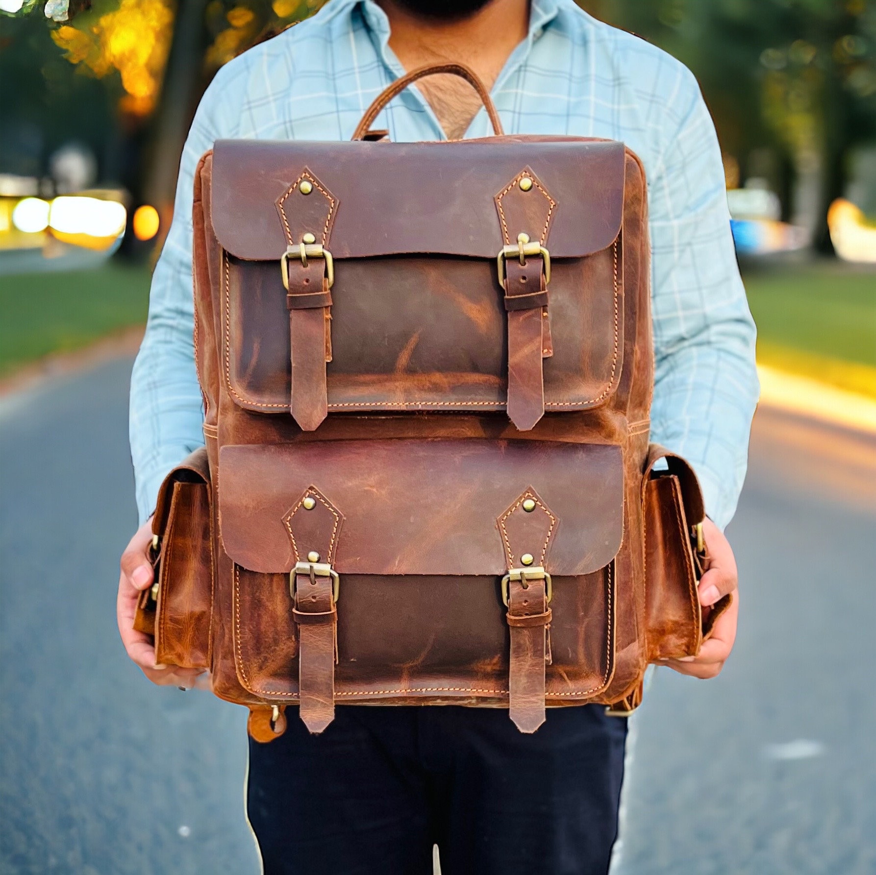 Handmade Full Grain Cowhide Leather Backpack Personalized