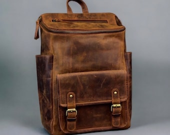 Full Grain Leather Backpack: Vintage Brown Rucksack, Personalized Travel Bag, Handmade Cowhide Leather Hipster Backpack Birthday Gift