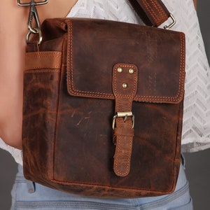 Brown Leather Camera Case Full grain cowhide Leather camera bag DSLR Camera bag, Rustic Leather Travel crossbody bag Father's Day Special image 9