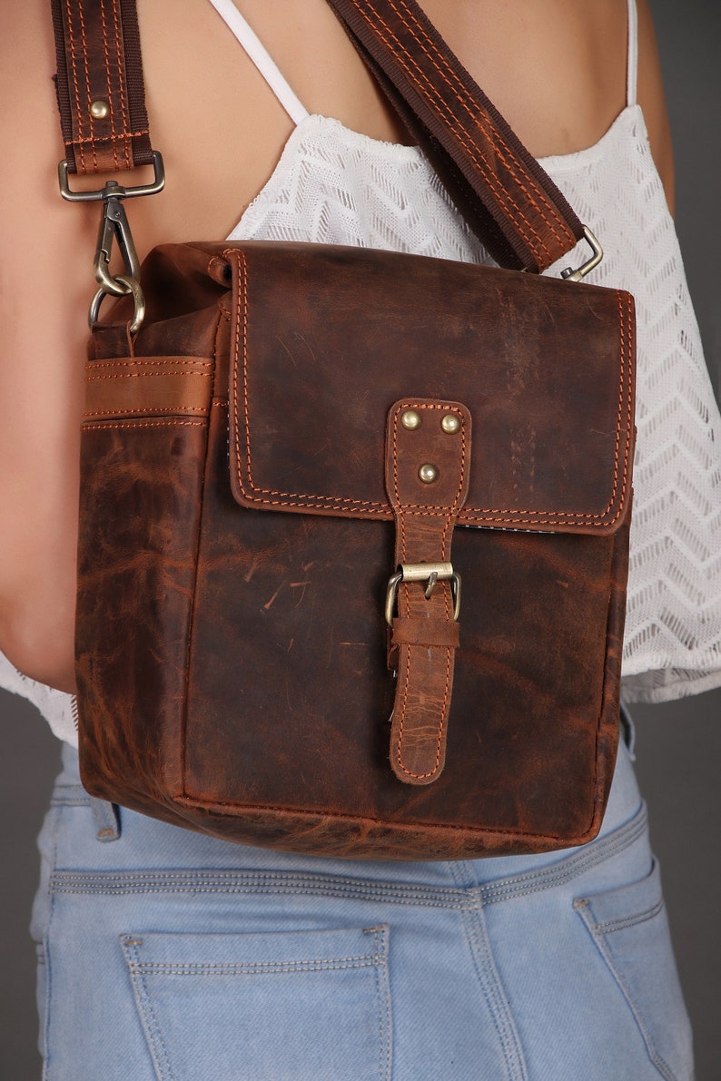 Brown Leather Camera Case Full grain cowhide Leather camera bag DSLR Camera bag, Rustic Leather Travel crossbody bag Father's Day Special image 9