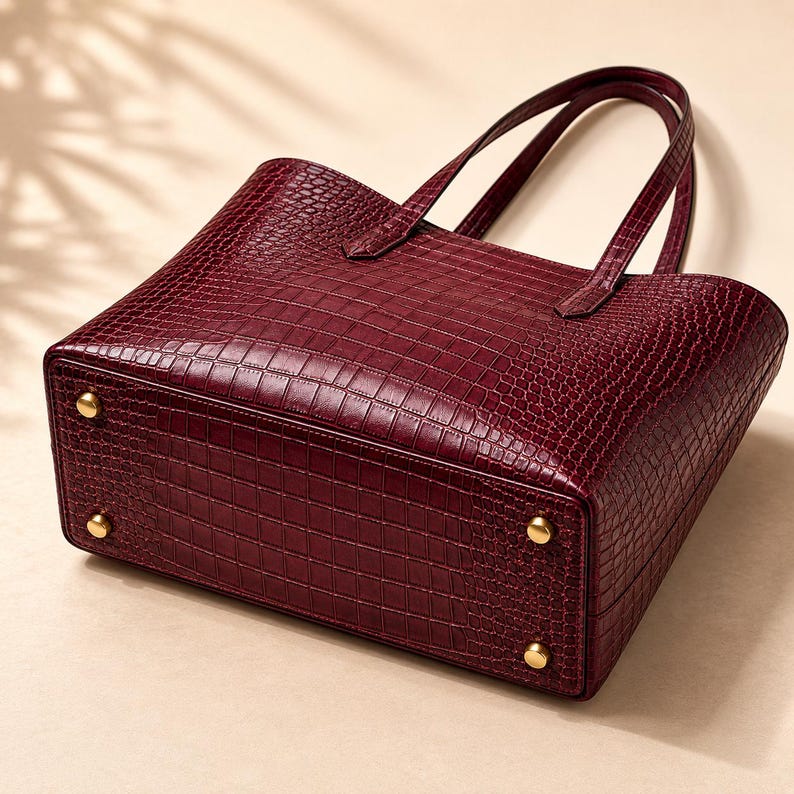 May include: A deep burgundy tote bag featuring a textured crocodile skin pattern. The bag has two thin handles and four small, round, gold-toned metal feet attached to the rectangular base, providing stability when the bag is placed on a flat surface.