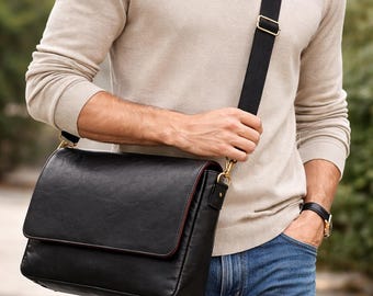 Bolsa mensageiro em couro legítimo: Bolsa personalizada para laptop, ideal para faculdade, bolsa mensageiro em couro preto, presente de aniversário.