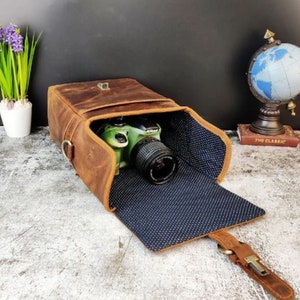 Brown Leather Camera Case Full grain cowhide Leather camera bag DSLR Camera bag, Rustic Leather Travel crossbody bag Father's Day Special image 4