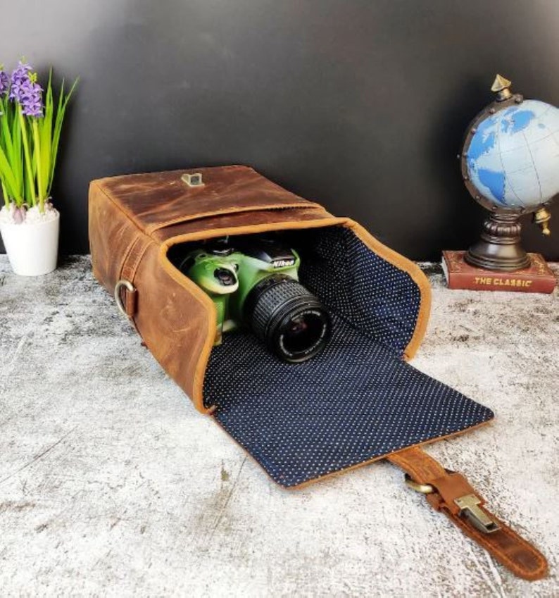 Brown Leather Camera Case Full grain cowhide Leather camera bag DSLR Camera bag, Rustic Leather Travel crossbody bag Father's Day Special image 4