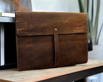 Personalized Full Grain Leather Document Folder: Handmade A4/A3 File Organizer, Laptop Sleeve, Portfolio Cowhide leather case Birthday Gift