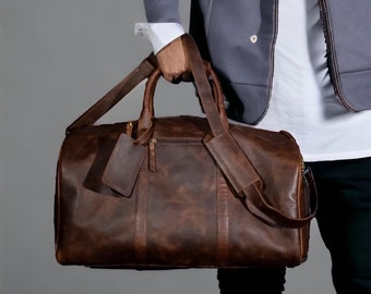 Leather Duffel Bag Weekender Luggage Duffel Gym Bag, Laptop Duffle Bag, Carry On Laptop bag Travel Handbag Men&#39;s Duffel Birthday Gift