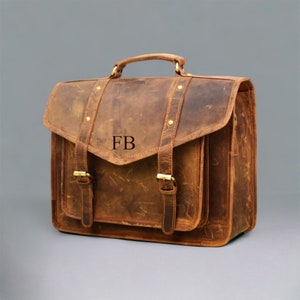 Monogrammed leather messenger bag men Rustic brown cowhide leather laptop bag Engraved leather briefcase laptop workbag Birthday Gift