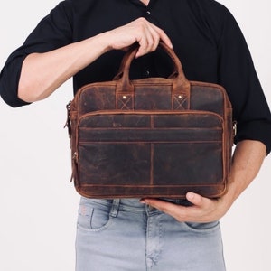 Full Grain Cowhide leather Messenger Bag, Engraved Leather Laptop Bag Personalized Leather Messenger Crossbody Bag Rustic Birthday Gift