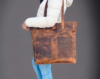 Full Grain Cowhide Leather Tote Bag, Personalized Tote Leather Handbag for women Monogrammed Tote College bag Handbags Father's Day Special