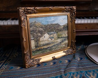 Small Antique Landscape Oil Painting Gold Framed Vintage Original Rural Farming Scenery Painting Rustic Chic Home Deco Artwork