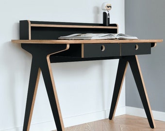 NUKI First Plus Desk noir avec tiroirs en contreplaqué de bouleau avec stratifié noir de la plus haute qualité