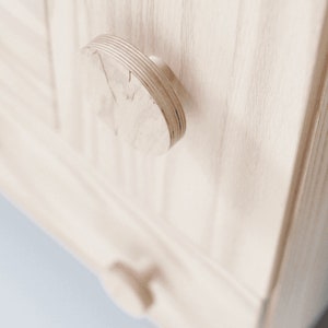 Könnte beinhalten: Nahaufnahme einer Holztür eines Schranks mit einem runden, hölzernen Knopf. Der Knopf hat eine natürliche Holzoptik und ist leicht von der Oberfläche der Tür abgehoben.