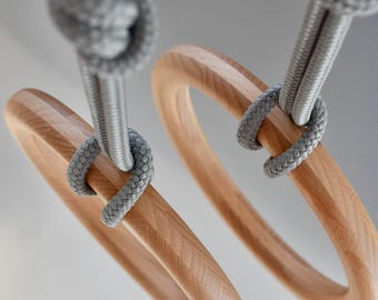 Wooden Gymnastic Rings with White Rope, Home Gym Rings
