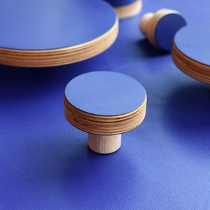 Può includere: Un set di ganci da parete blu e legno. I ganci sono rotondi e hanno una base in legno. I ganci sono su uno sfondo blu.
