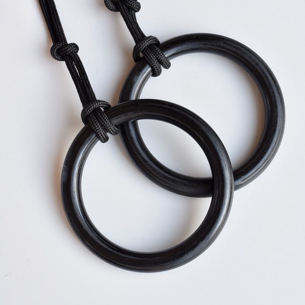 Gymnastic Rings black with "0 waste" rope! Wooden gymnastic rongs. Turnringe mit "0 waste" seil. Home gym rings