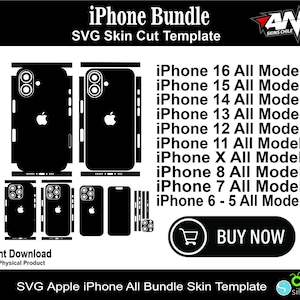 Puede incluir: Plantilla de corte SVG en blanco y negro para pieles de iPhone. La plantilla incluye todos los modelos de iPhone desde el iPhone 5 hasta el iPhone 16. El texto "iPhone Bundle" y "SVG Skin Cut Template" está en la parte superior de la imagen. El texto "AND SKINS CHILE" está en la esquina superior derecha de la imagen. El texto "BUY NOW" está en un rectángulo negro con un icono de carrito de compras. El texto "Instant Download Not A Physical Product" está en la parte inferior izquierda de la imagen. El texto "SVG Apple iPhone All Bundle Skin Template" está en la parte inferior de la imagen. El texto "Cricut silhouette" está en la parte inferior derecha de la imagen.