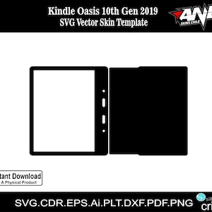 Puede incluir: Plantilla vectorial en blanco y negro para una piel de lector electrónico Kindle Oasis de 10.ª generación. La plantilla incluye la pantalla y los botones laterales. El texto "Kindle Oasis 10th Gen 2019" y "SVG Vector Skin Template" está en la parte superior de la imagen. El texto "AND SKINS CHILE" está en la esquina superior derecha de la imagen. El texto "Descarga instantánea No es un producto físico" está en la parte inferior de la imagen. El texto "SVG.CDR.EPS.Ai.PLT.DXF.PDF.PNG silhouette cricut" está en la parte inferior de la imagen.