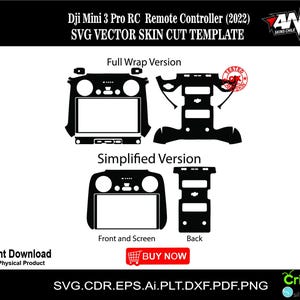 Könnte beinhalten: Schwarz-weißes Vektor-Skin-Schnittmuster für eine DJI Mini 3 Pro RC-Fernbedienung. Die Vorlage umfasst eine Vollversion und eine vereinfachte Version. Der Text "JETZT KAUFEN" befindet sich in einem roten Button.
