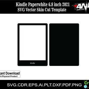 Op de afbeelding: Zwart-witte digitale illustratie van een Kindle Paperwhite e-reader met de tekst "Kindle" op het scherm. De afbeelding is een sjabloon voor een huiduitsparing.