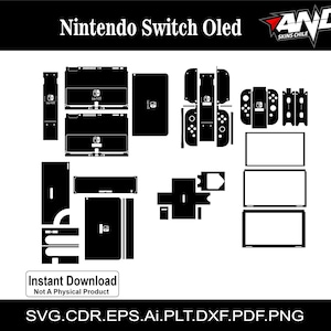 以下が含まれることがあります： Nintendo Switch OLED コンソール用の白黒デジタルダウンロードスキンテンプレート。テンプレートには、ジョイコン、背面、前面など、コンソール全体を覆うために必要なすべての部品が含まれています。テンプレートには、「インスタントダウンロード、物理的な製品ではありません」と表示されています。