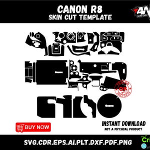 May include: Black and white Canon R8 skin cut template. The design includes various cutouts for the camera body, buttons, and other components. The image also includes the text "BUY NOW" and "INSTANT DOWNLOAD NOT A PHYSICAL PRODUCT".